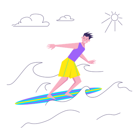 Hombre surfeando en el mar  Ilustración