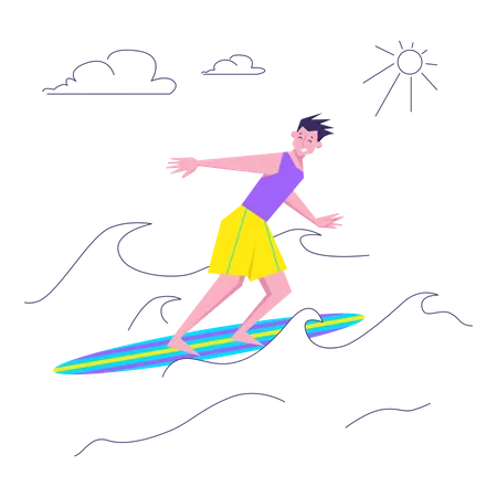 Hombre surfeando en el mar  Ilustración