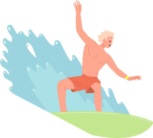 Hombre surfista cabalgando rápido a bordo en las olas del agua del mar disfrutando de la recreación en verano  Ilustración