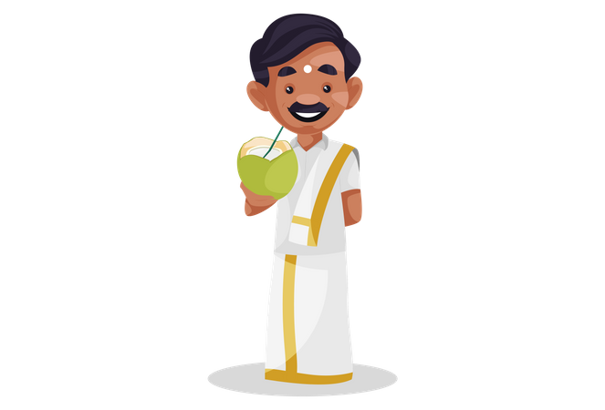 El hombre tamil está bebiendo agua de coco  Ilustración