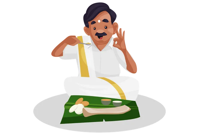 El hombre tamil está comiendo comida en una hoja de plátano  Ilustración