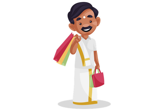 Hombre tamil llevando bolsas de compras sobre su hombro  Ilustración