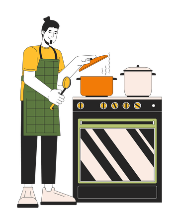 Hombre cubriendo la olla con tapa mientras cocina  Ilustración