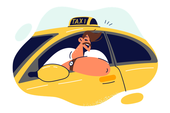 El hombre taxista sonríe sentado detrás y mirando por la ventana del auto amarillo  Ilustración