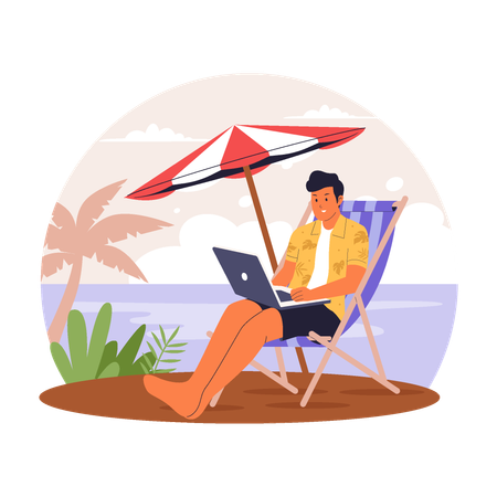 Hombre trabajando remotamente en la playa con computadora portátil y sombrilla  Ilustración