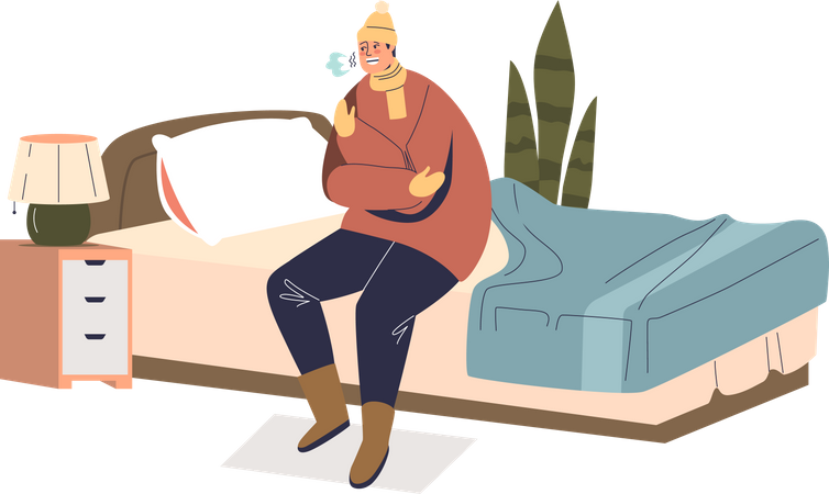 El hombre temblando de frío se sienta en la cama vestido con ropa abrigada y sombrero en el dormitorio interior  Ilustración