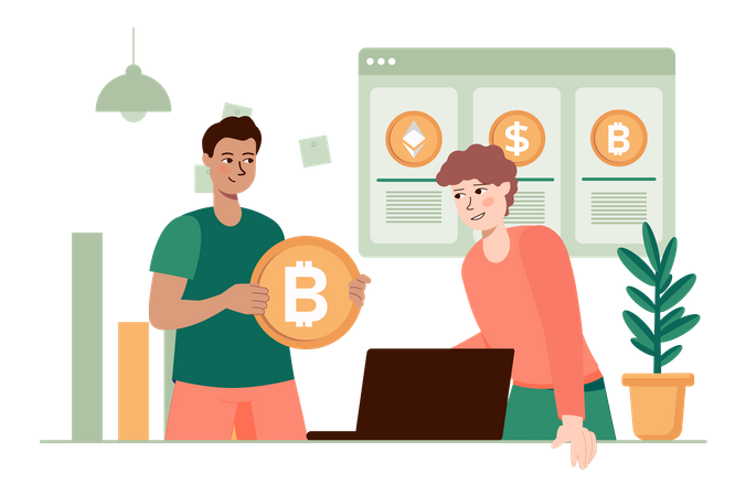 Hombre sosteniendo bitcoin e invirtiendo en el mercado de valores  Ilustración