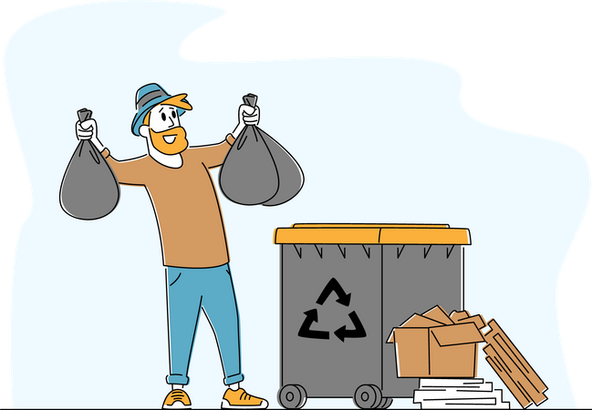 Hombre tira basura en un contenedor de reciclaje  Ilustración