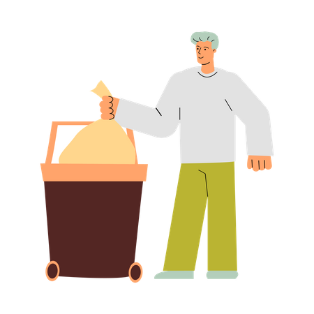Hombre tirando una bolsa de basura limpia en un contenedor de basura  Ilustración