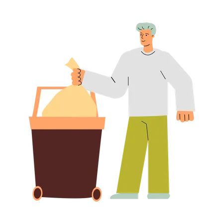 Hombre tirando una bolsa de basura limpia en un contenedor de basura  Ilustración