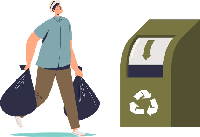 Hombre tirando bolsas de ropa en un contenedor de reciclaje  Ilustración