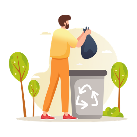 Hombre tirando una botella de plástico a la papelera de reciclaje  Ilustración