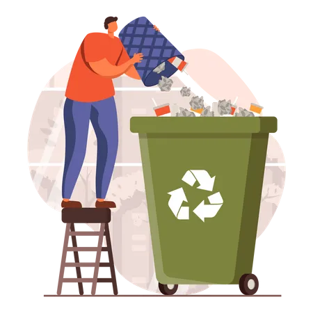 Hombre tirando residuos en la papelera de reciclaje  Ilustración
