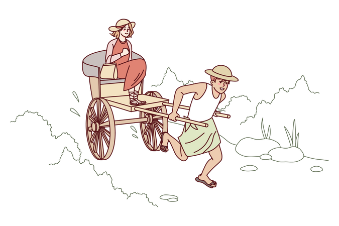 Hombre tirando rickshaw mientras chica sentada  Ilustración