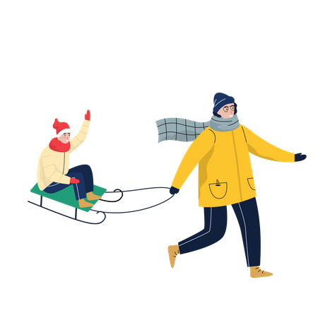 Hombre tirando de trineo de nieve  Ilustración