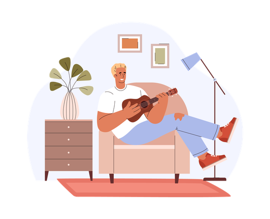 El hombre toca alegremente el ukelele  Ilustración