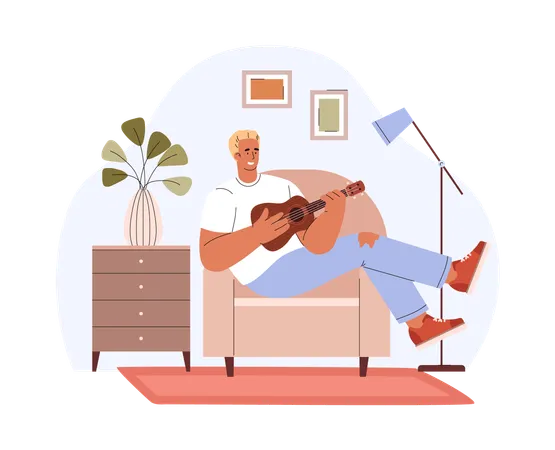 El hombre toca alegremente el ukelele  Ilustración