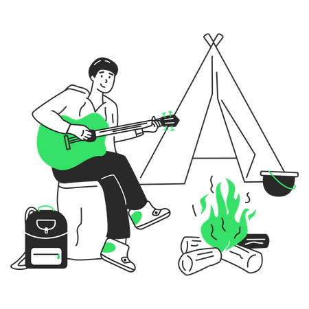 El hombre toca la guitarra junto al fuego.  Ilustración