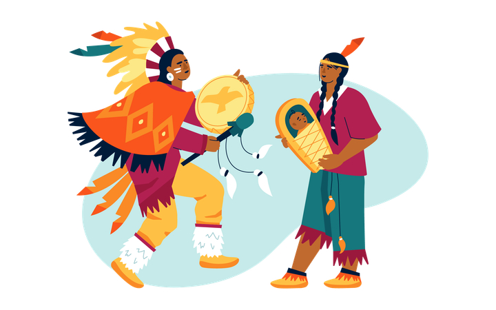 Hombre toca tambor ritual indígena  Ilustración