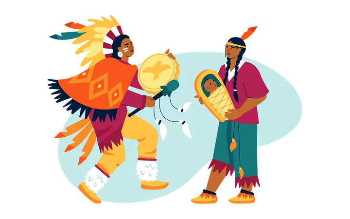 Hombre toca tambor ritual indígena  Ilustración