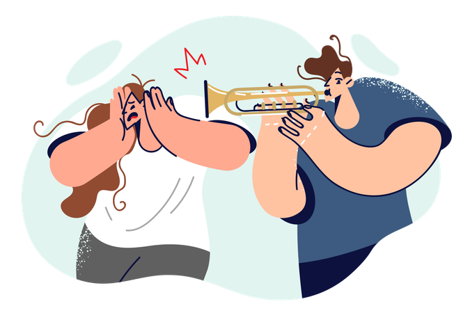 Hombre toca trombón causando malestar a mujer se tapa los oídos y no quiere escuchar música  Ilustración