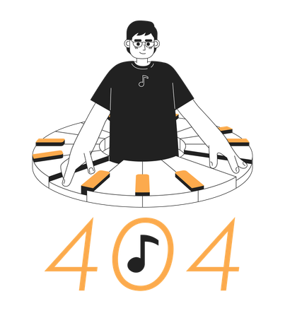 Hombre tocando el piano con mensaje flash de error 404  Ilustración