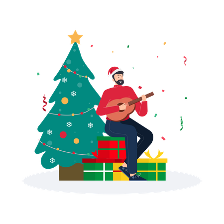 Hombre tocando la guitarra el día de Navidad  Ilustración