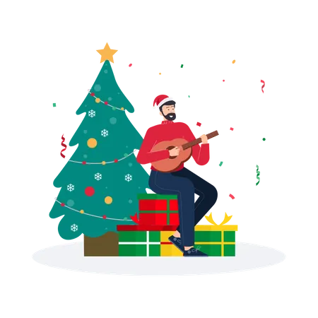 Hombre tocando la guitarra el día de Navidad  Ilustración