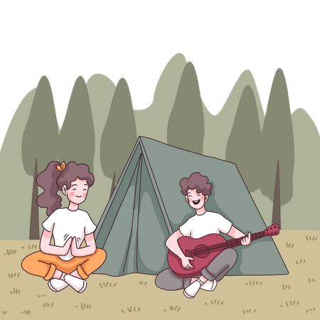 Hombre tocando la guitarra en camping  Ilustración