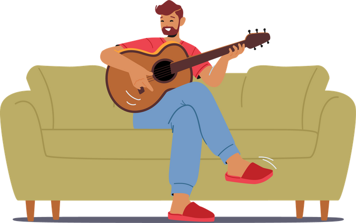 Hombre tocando la guitarra en casa  Ilustración