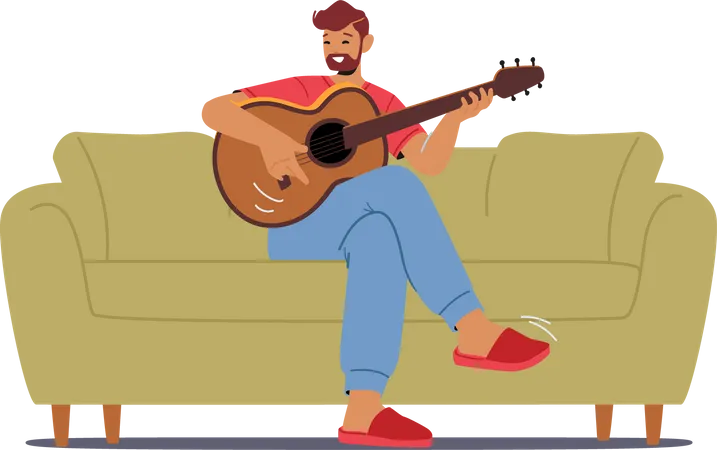 Hombre tocando la guitarra en casa  Ilustración