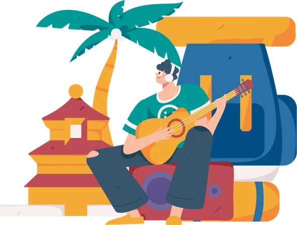 Hombre tocando la guitarra en el camping  Illustration