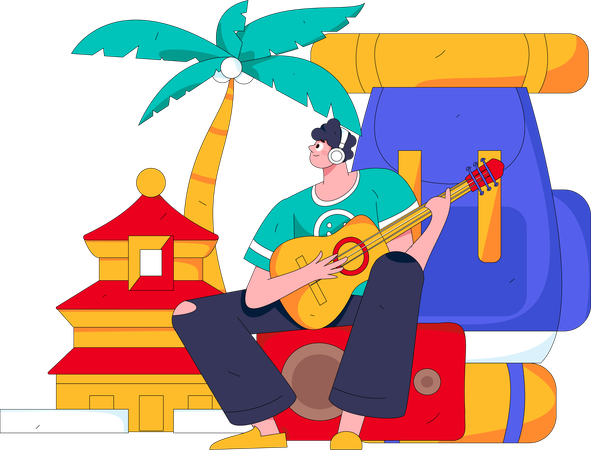 Hombre tocando la guitarra en el camping  Ilustración