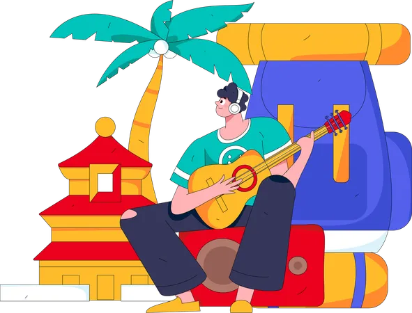 Hombre tocando la guitarra en el camping  Ilustración