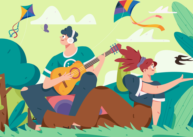 Hombre tocando la guitarra en el jardín mientras una niña muestra algo  Ilustración