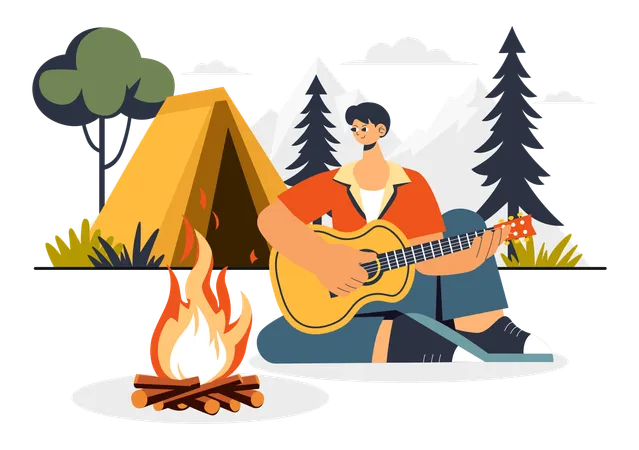 Hombre tocando la guitarra en camping  Ilustración