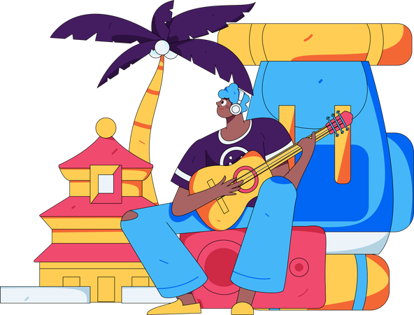 Hombre tocando la guitarra en el camping  Ilustración