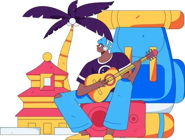 Hombre tocando la guitarra en el camping  Ilustración