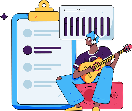 Hombre tocando la guitarra mientras mira el informe analítico de negocios  Ilustración