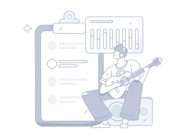 Hombre tocando la guitarra mientras mira el informe analítico de negocios  Ilustración