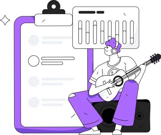 Hombre tocando la guitarra mientras mira el informe analítico de negocios  Ilustración