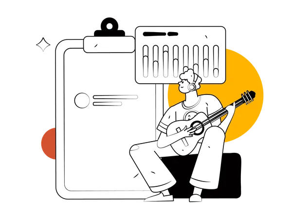 Hombre tocando la guitarra y haciendo análisis.  Ilustración