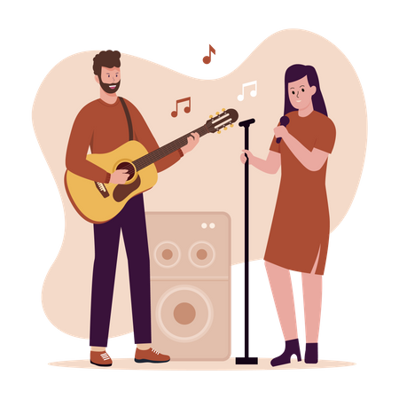 Hombre tocando la guitarra y mujer cantando con micrófono.  Ilustración