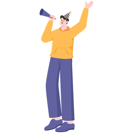 Hombre tocando la trompeta en la fiesta de año nuevo  Ilustración