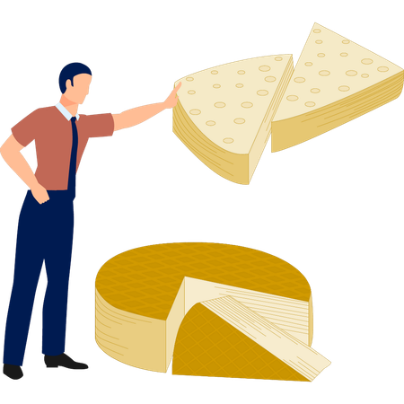 Hombre tocando un trozo de queso  Ilustración