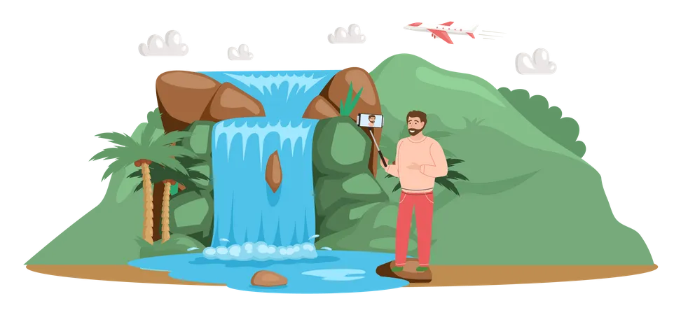 El hombre se toma selfie cerca del lago en la montaña  Ilustración