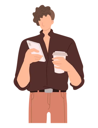 Hombre tomando café con el móvil  Ilustración
