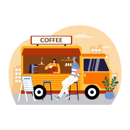 Hombre tomando café en el camión del café  Ilustración