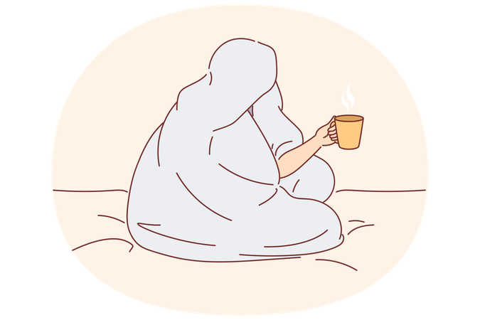 Hombre bebiendo café sentado en la cama y envuelto en una manta para calentarse después de caminar por la calle en invierno  Ilustración