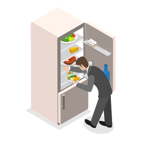 Hombre sacando comida del frigorífico  Ilustración